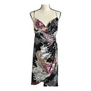 Alberto Makali Size 4 Black Paisley Print 100% Silk Wrap Front Knee Length Dress